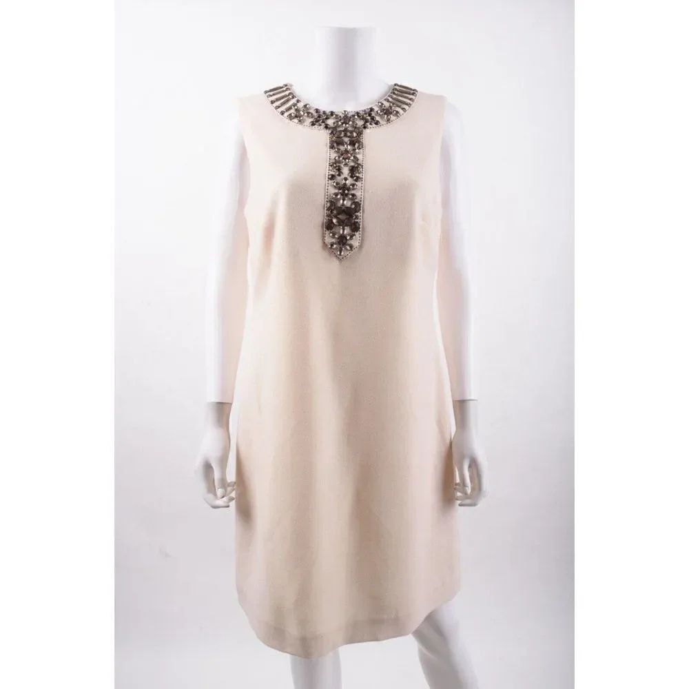 Boden Womens Wool Shift Dress UK 14 US 10 Beige Ecru Bead Neck Collar Detail
